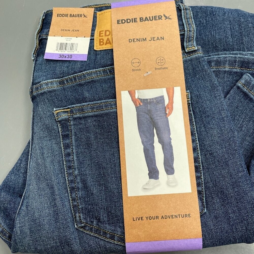 NEW Eddie Bauer Men's 30x30 Stretch Straight Fit Denim Jeans Blue - Picture 2 of 9